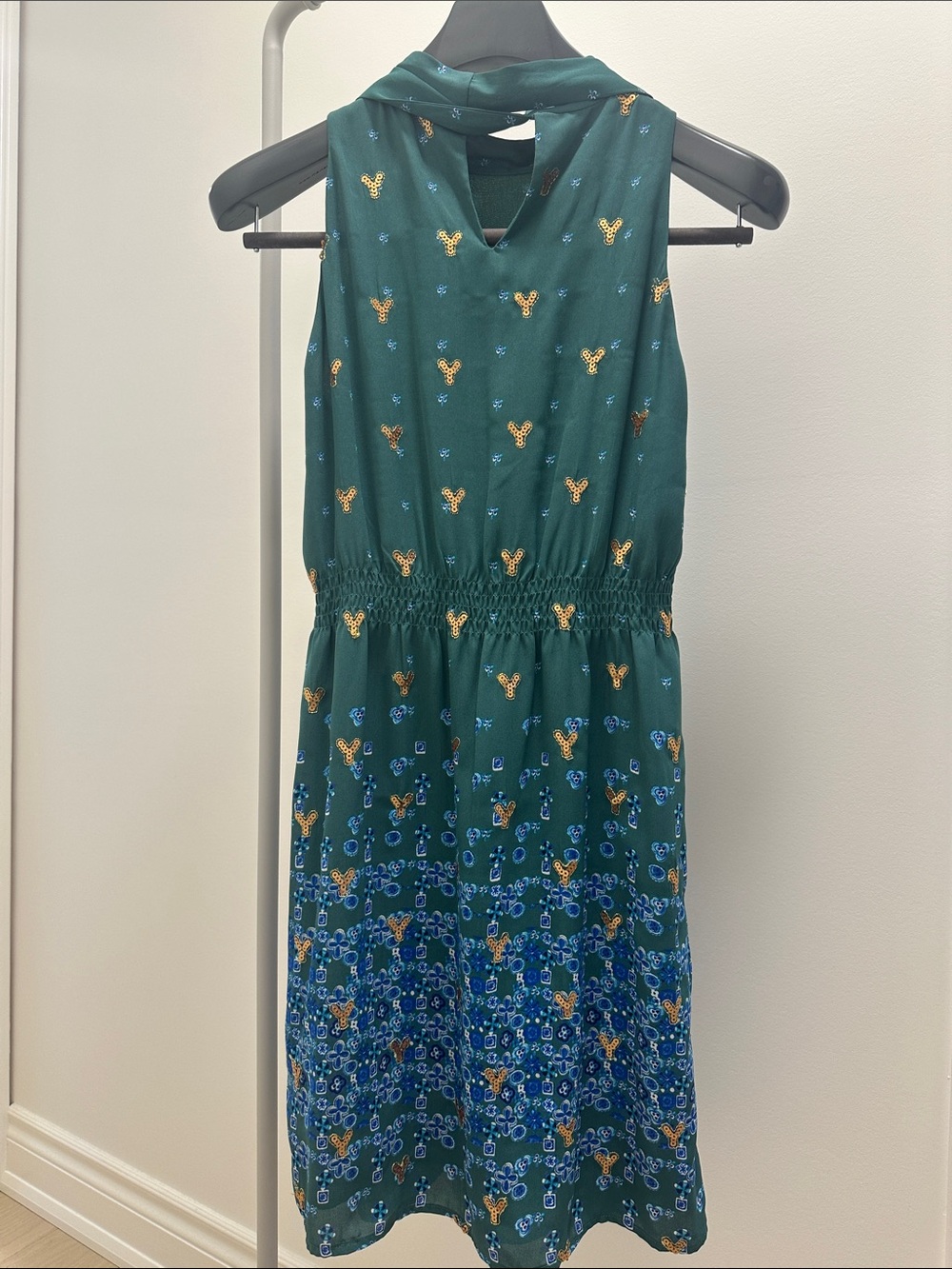 Anthropologie Forest Green Floral-Print Sleeveless Dress